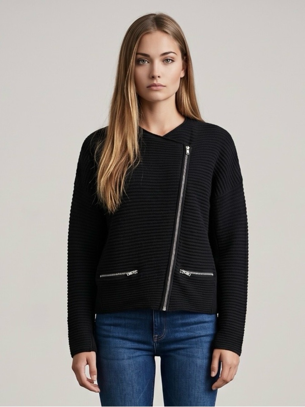 🌻 Maje Black Moxy Black Angora Blend Asymmetrical Zip Ribbed Cardigan sz. Small